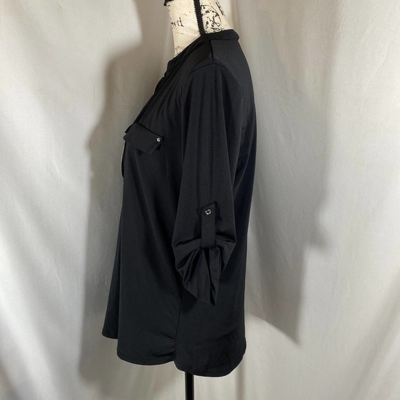 FYLO Woman's Crew Neck 1/2 Zipper Down Roll Up Sleeve Black Stretch Blouse Sz M - Picture 3 of 7